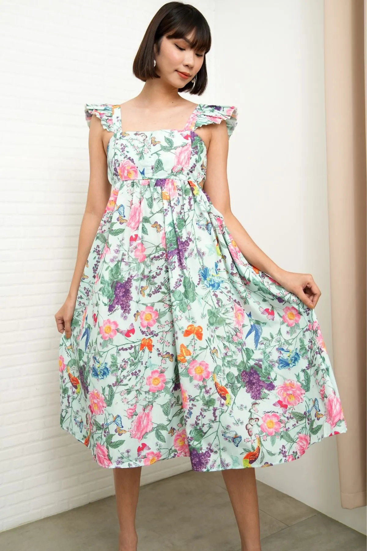 BEATRICE Flutter-Sleeve Midi Dress (Garden)