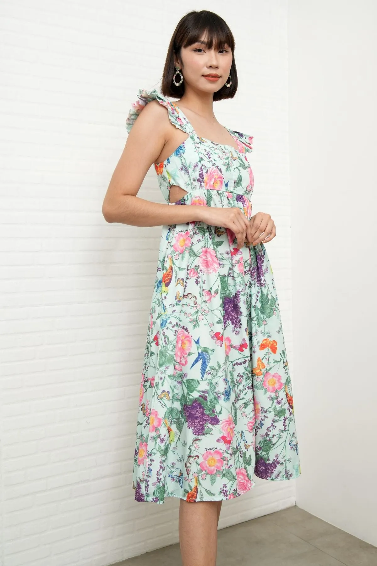 BEATRICE Flutter-Sleeve Midi Dress (Garden)
