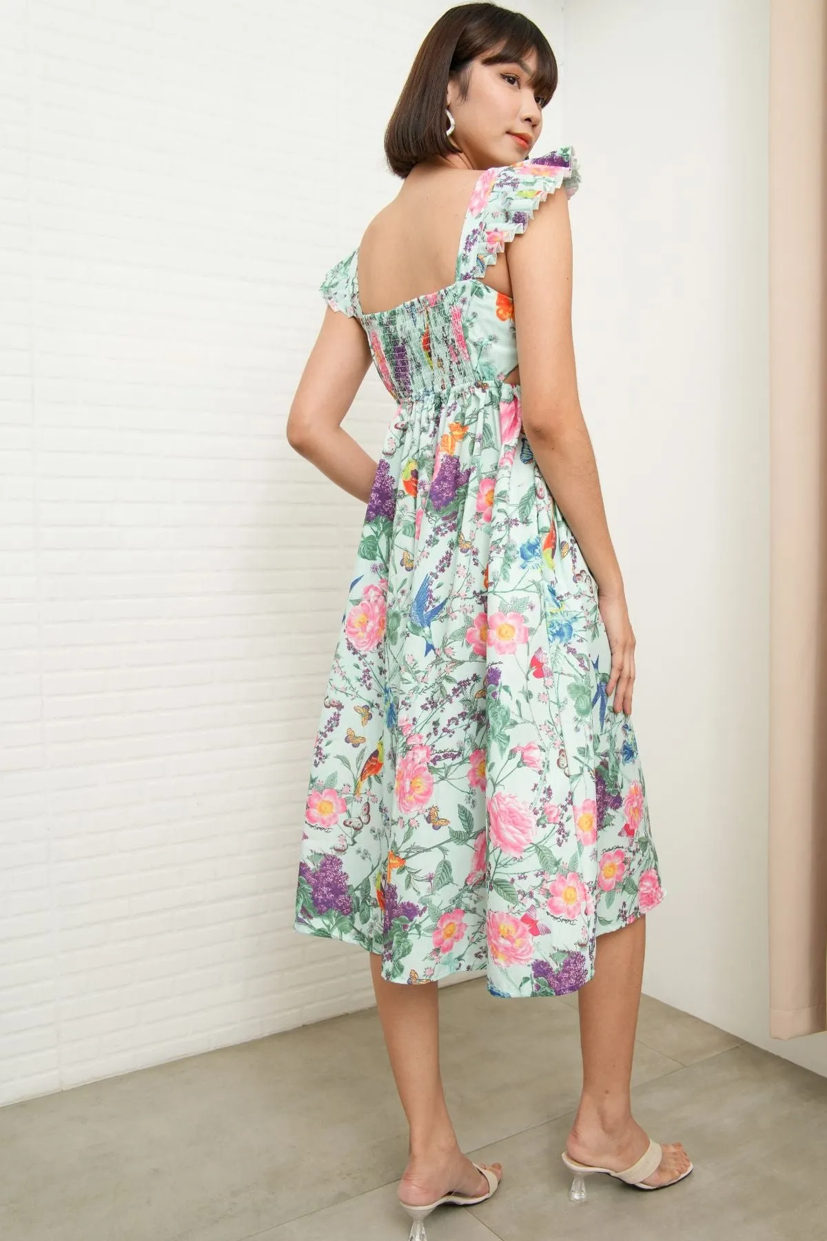 BEATRICE Flutter-Sleeve Midi Dress (Garden)