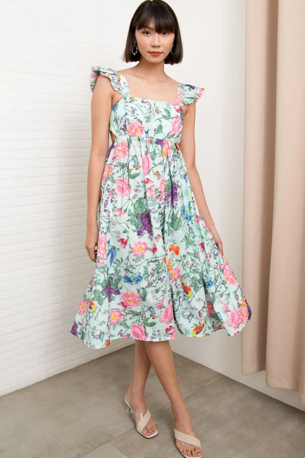BEATRICE Flutter-Sleeve Midi Dress (Garden)