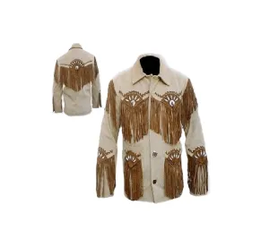Beige Suede Leather Fringe Jacket for Western Cowboy Mens NFJ501