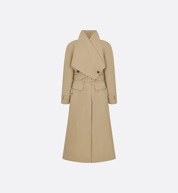 Belted Trench Coat with Criss Cross Collar • Beige Cotton Gabardine