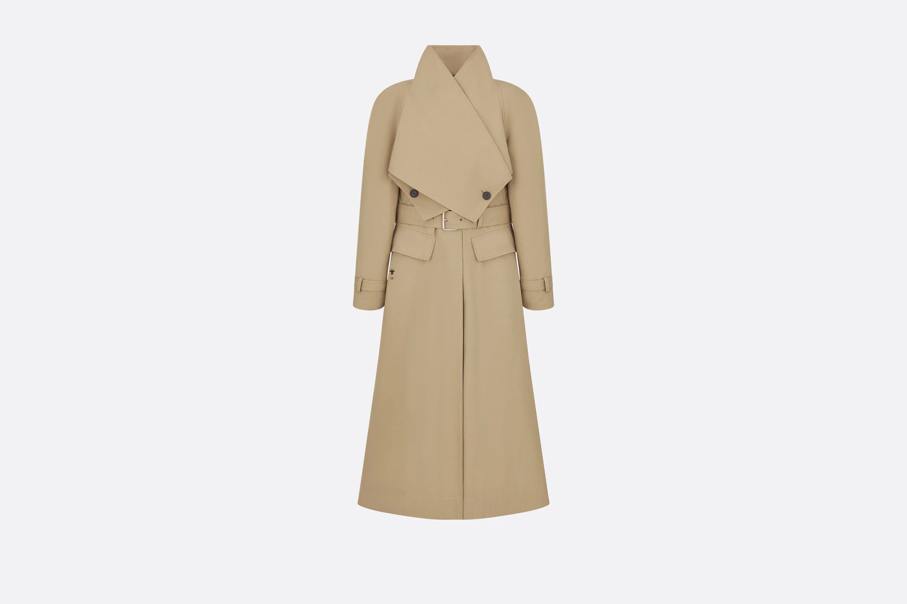 Belted Trench Coat with Criss Cross Collar • Beige Cotton Gabardine