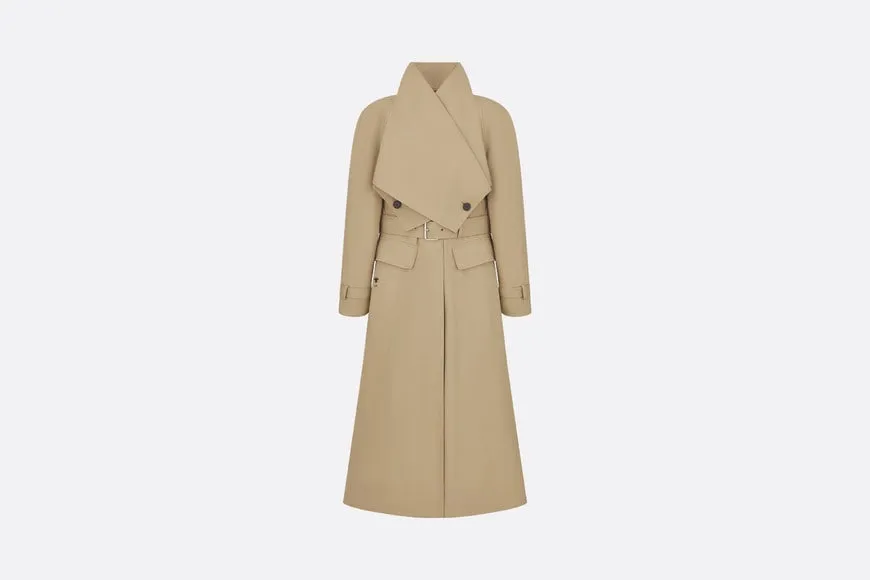 Belted Trench Coat with Criss Cross Collar • Beige Cotton Gabardine
