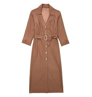 Belted V-Neck Collared PU 3/4 Sleeve Dress