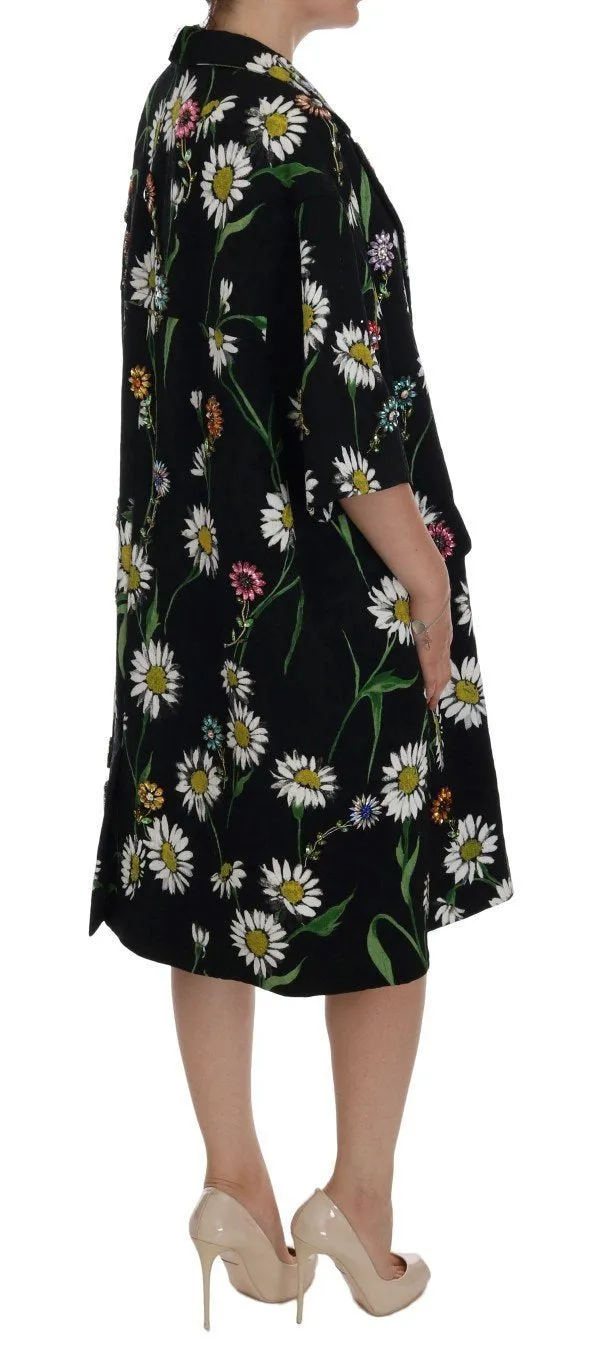 Black Brocade Crystal Daisy Trench Coat