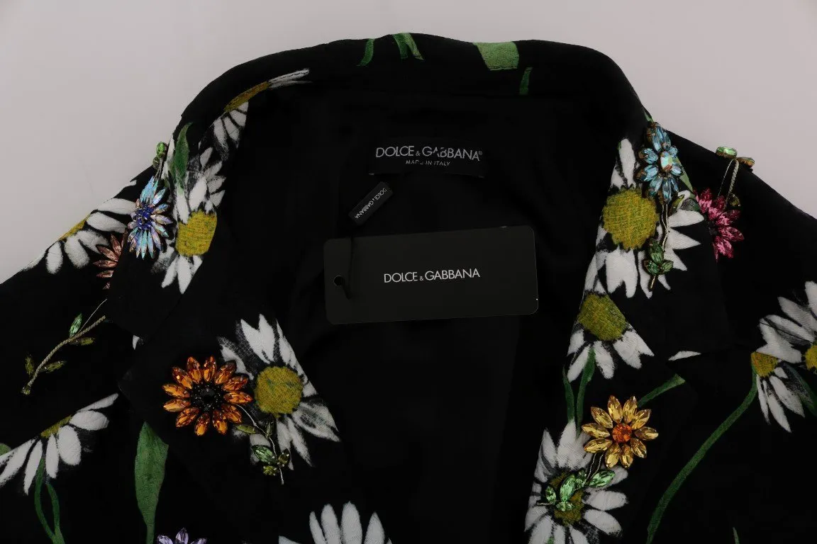 Black Brocade Crystal Daisy Trench Coat