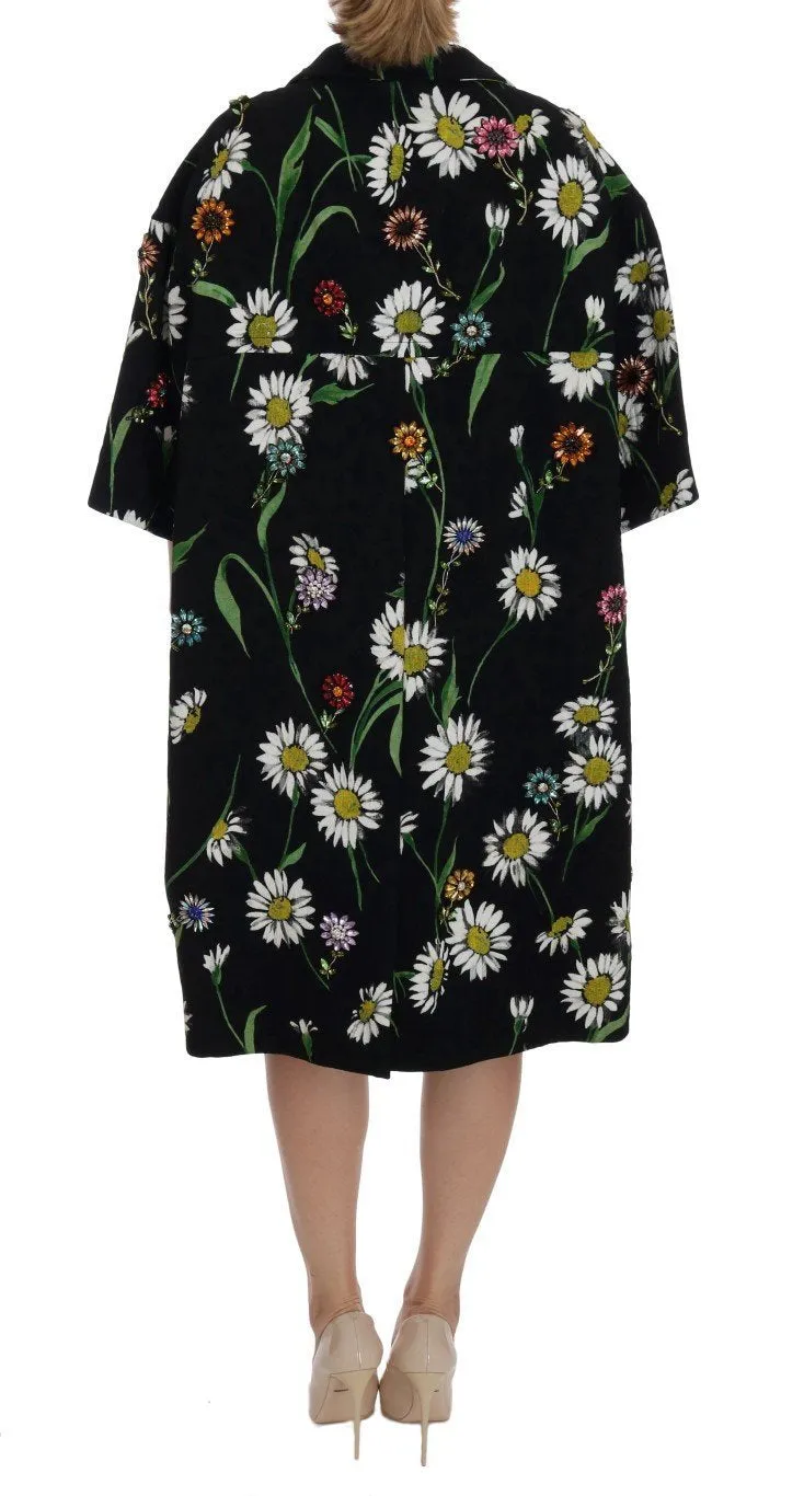 Black Brocade Crystal Daisy Trench Coat