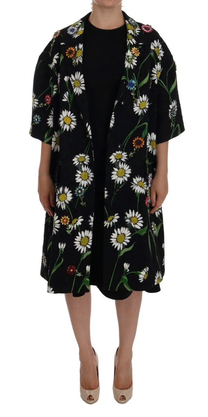 Black Brocade Crystal Daisy Trench Coat