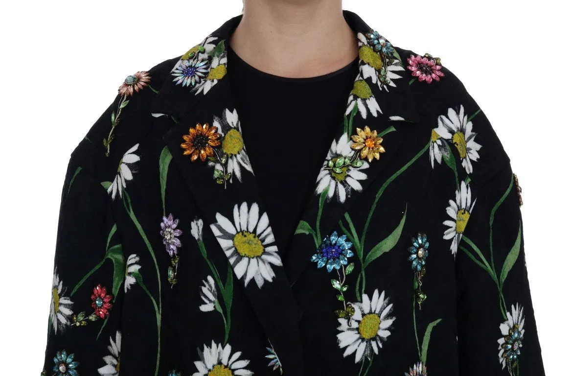 Black Brocade Crystal Daisy Trench Coat