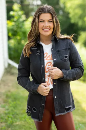 Black Distressed Fray Hem Denim Jacket