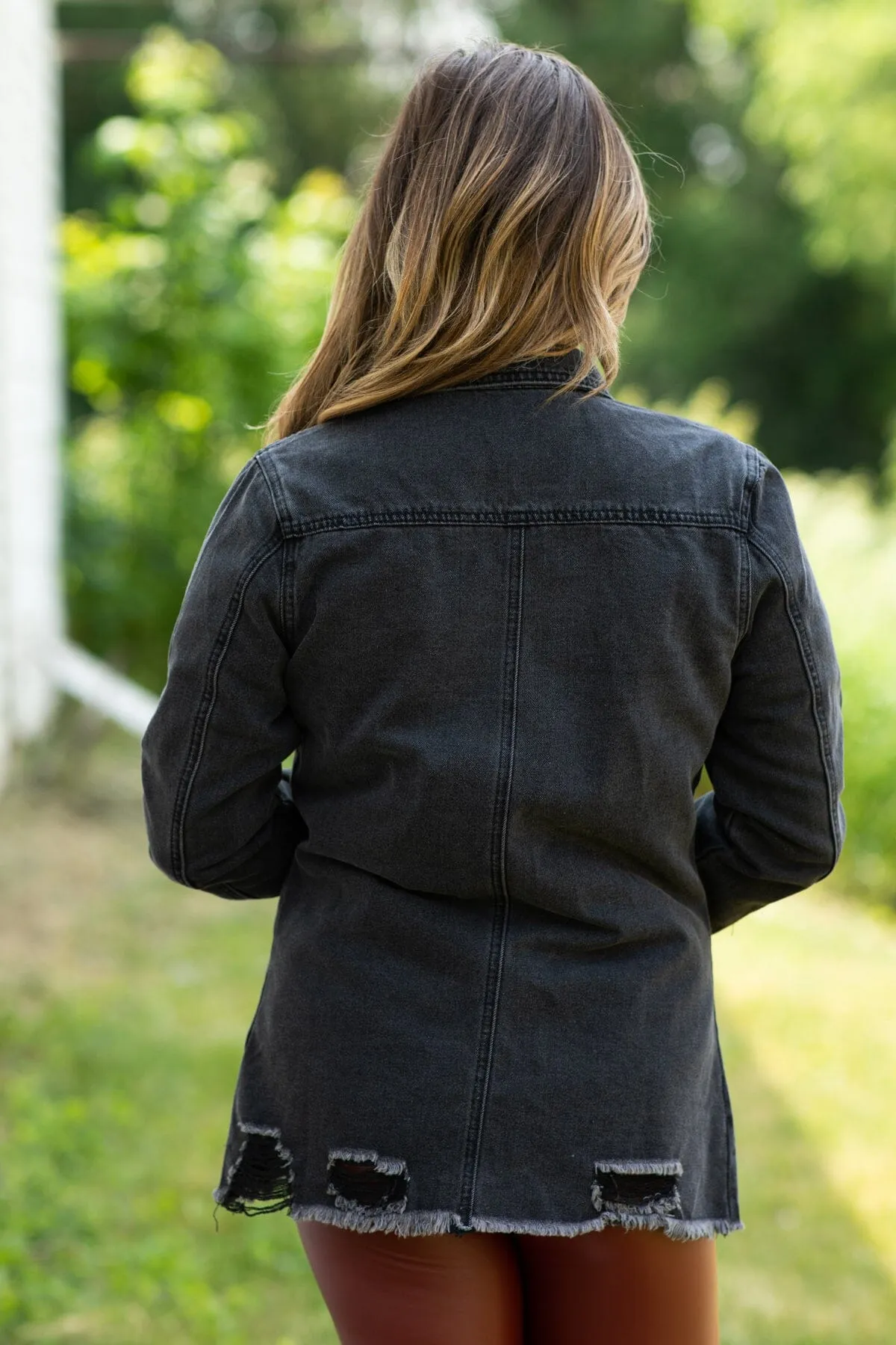 Black Distressed Fray Hem Denim Jacket