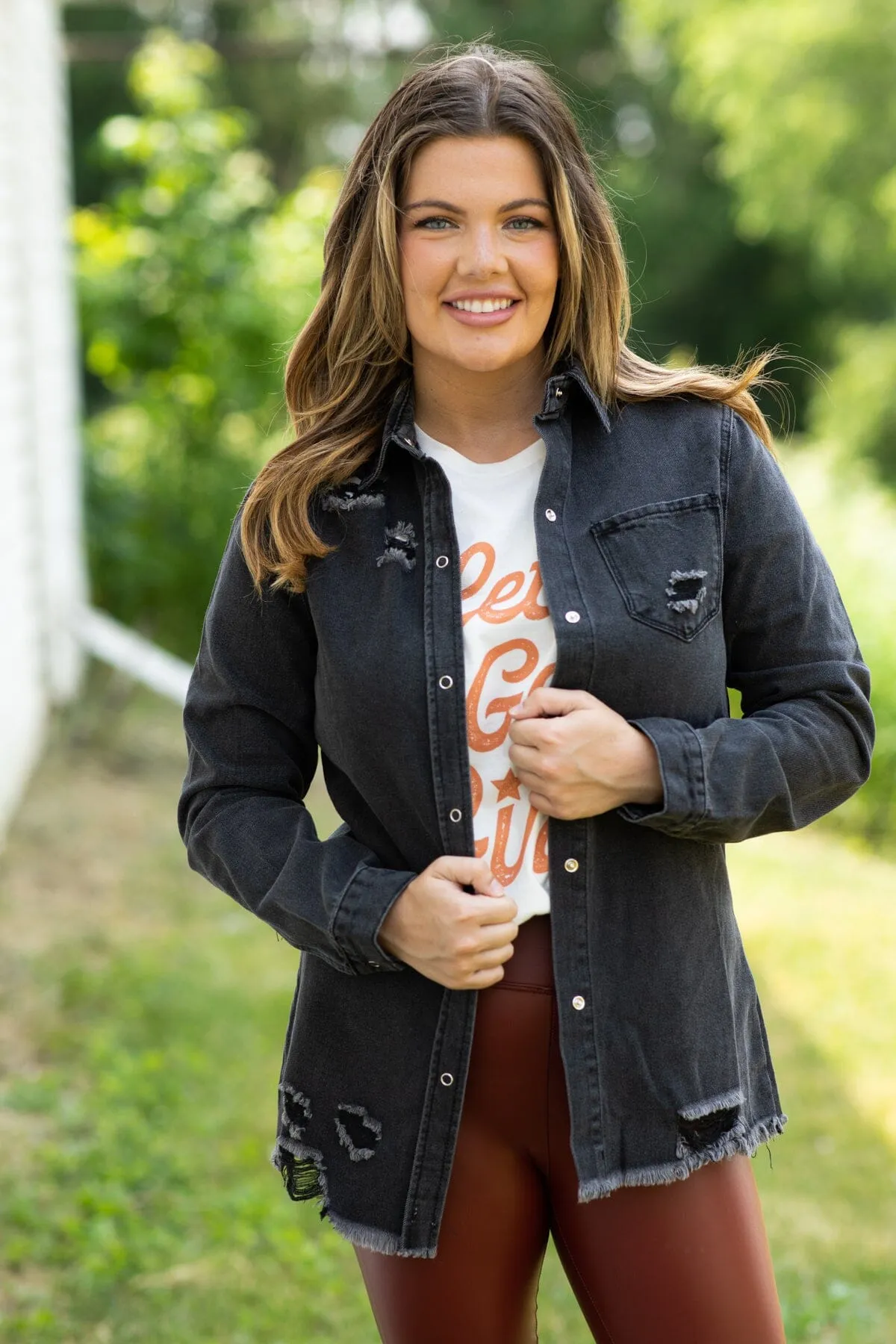 Black Distressed Fray Hem Denim Jacket