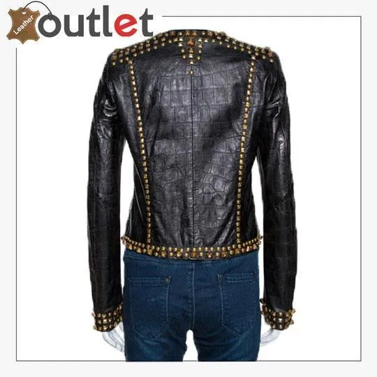 Black Embossed Leather Studded Zip Front Jacket
