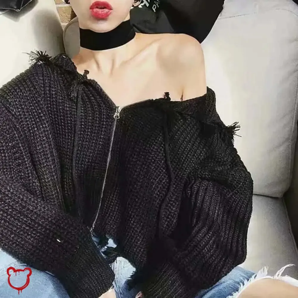 Black Frayed Crop Hoodie Sweater'