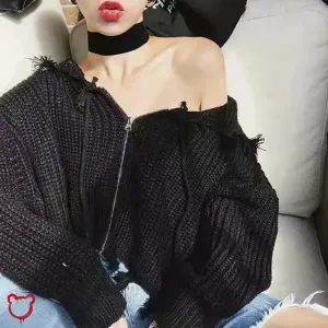 Black Frayed Crop Hoodie Sweater'