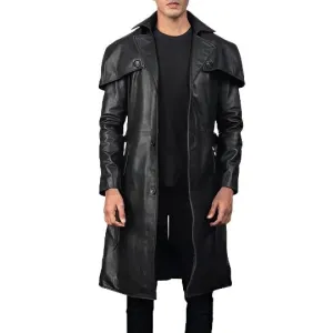 Black Leather Trench Coat for Men – Classic Longline Style