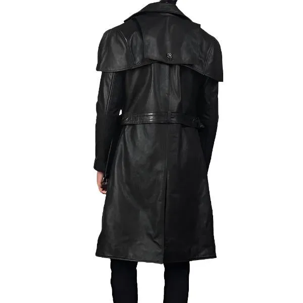 Black Leather Trench Coat for Men – Classic Longline Style