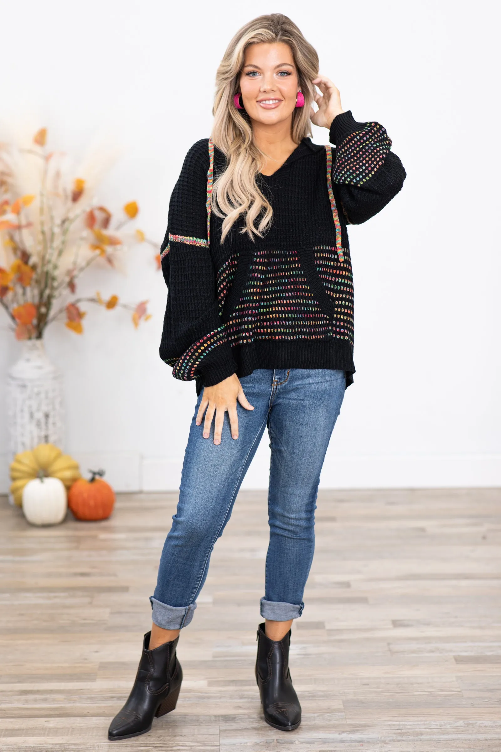 Black Multicolor Stitch Hooded Sweater