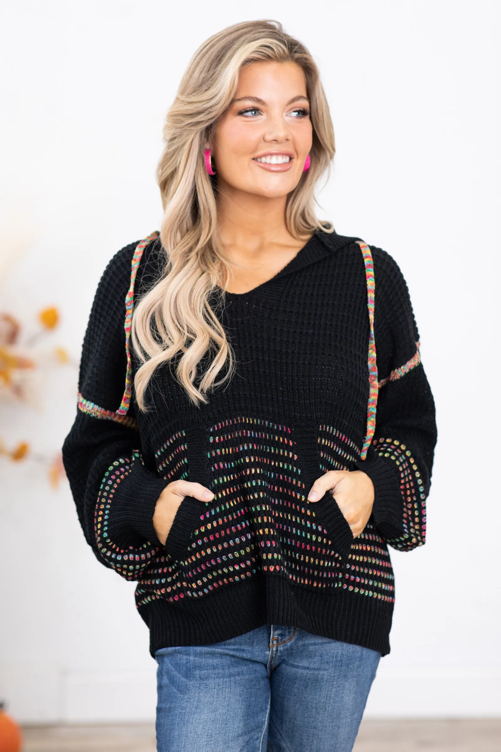 Black Multicolor Stitch Hooded Sweater