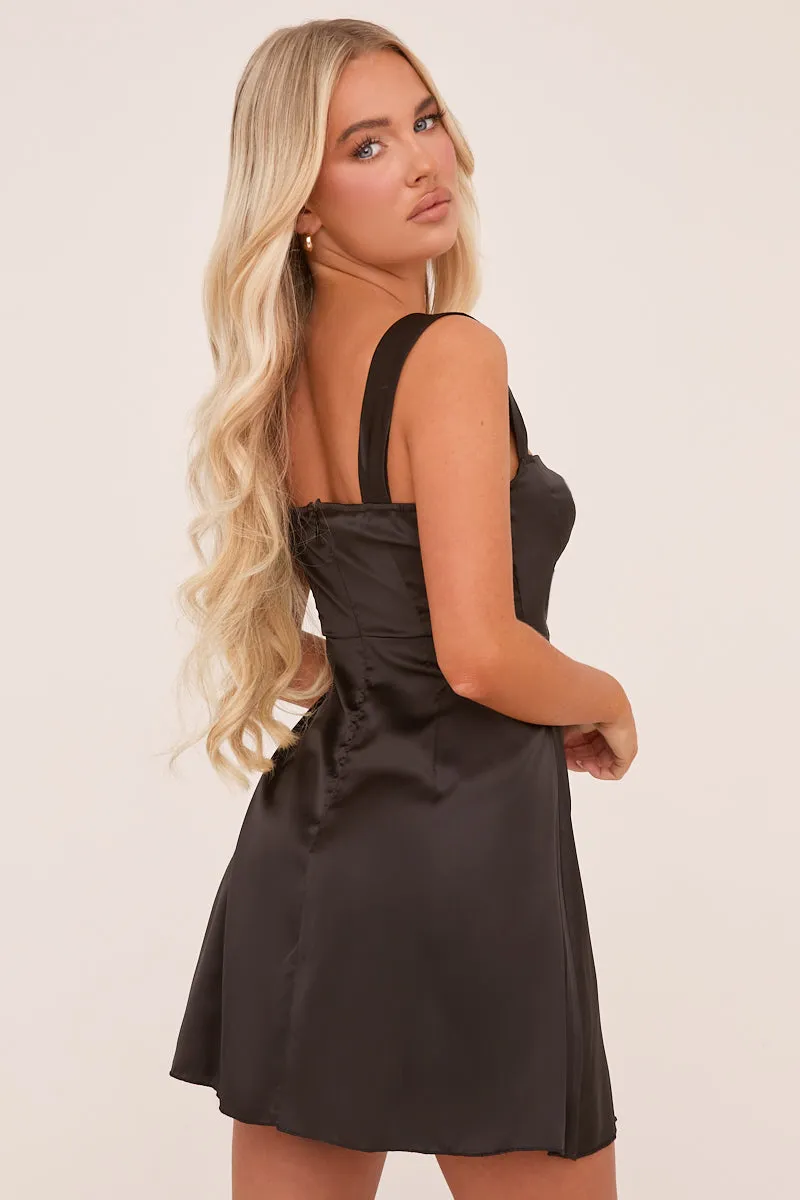 Black Satin Cut Out Tie Front Mini Dress - Bridget