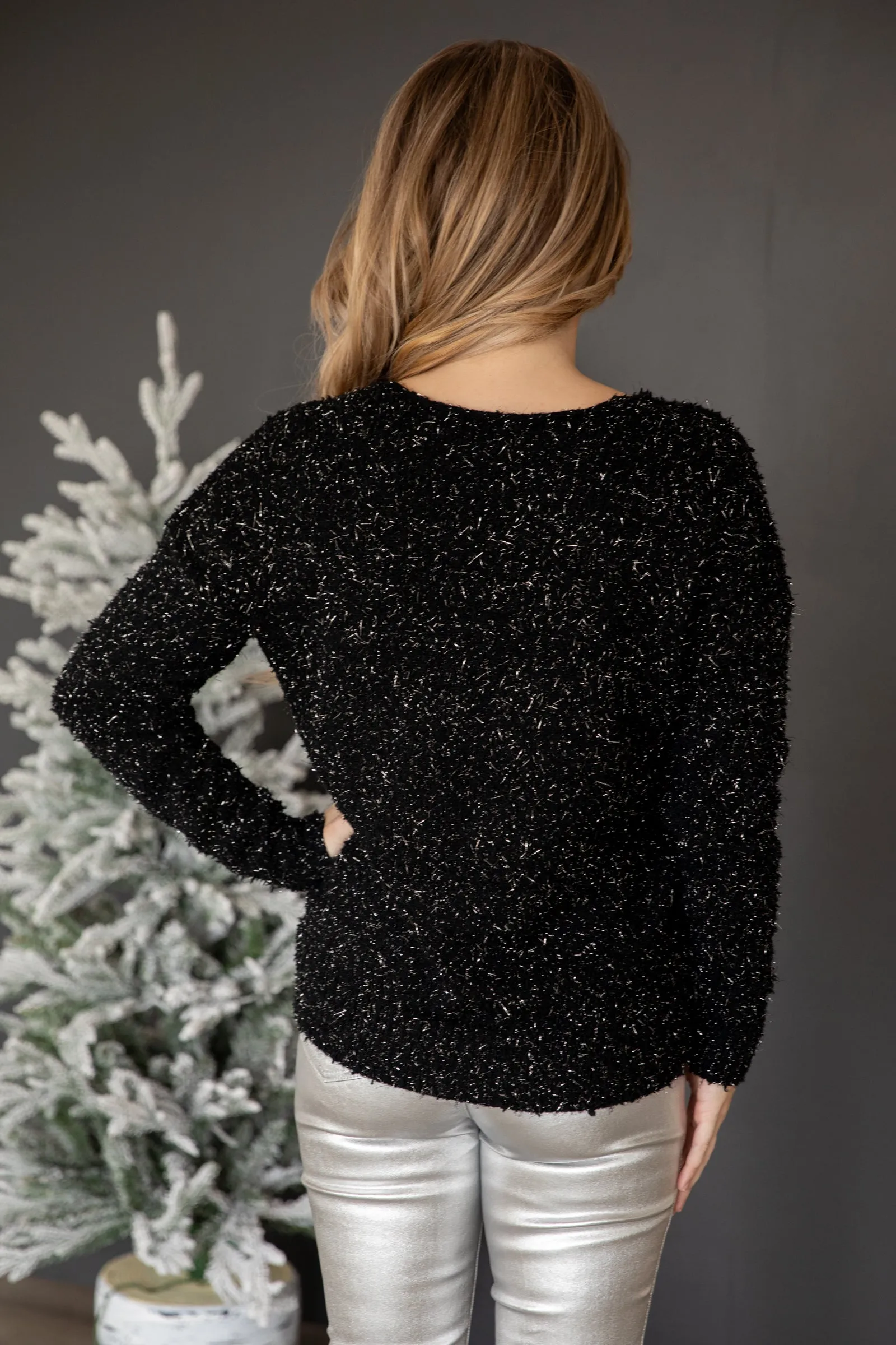 Black V-Neck Popcorn Textured Sweater