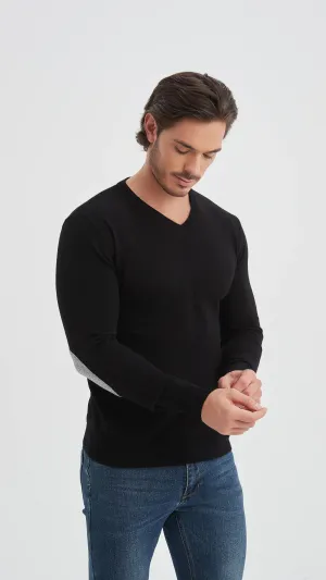 Black V-neck sweater with elbow pads