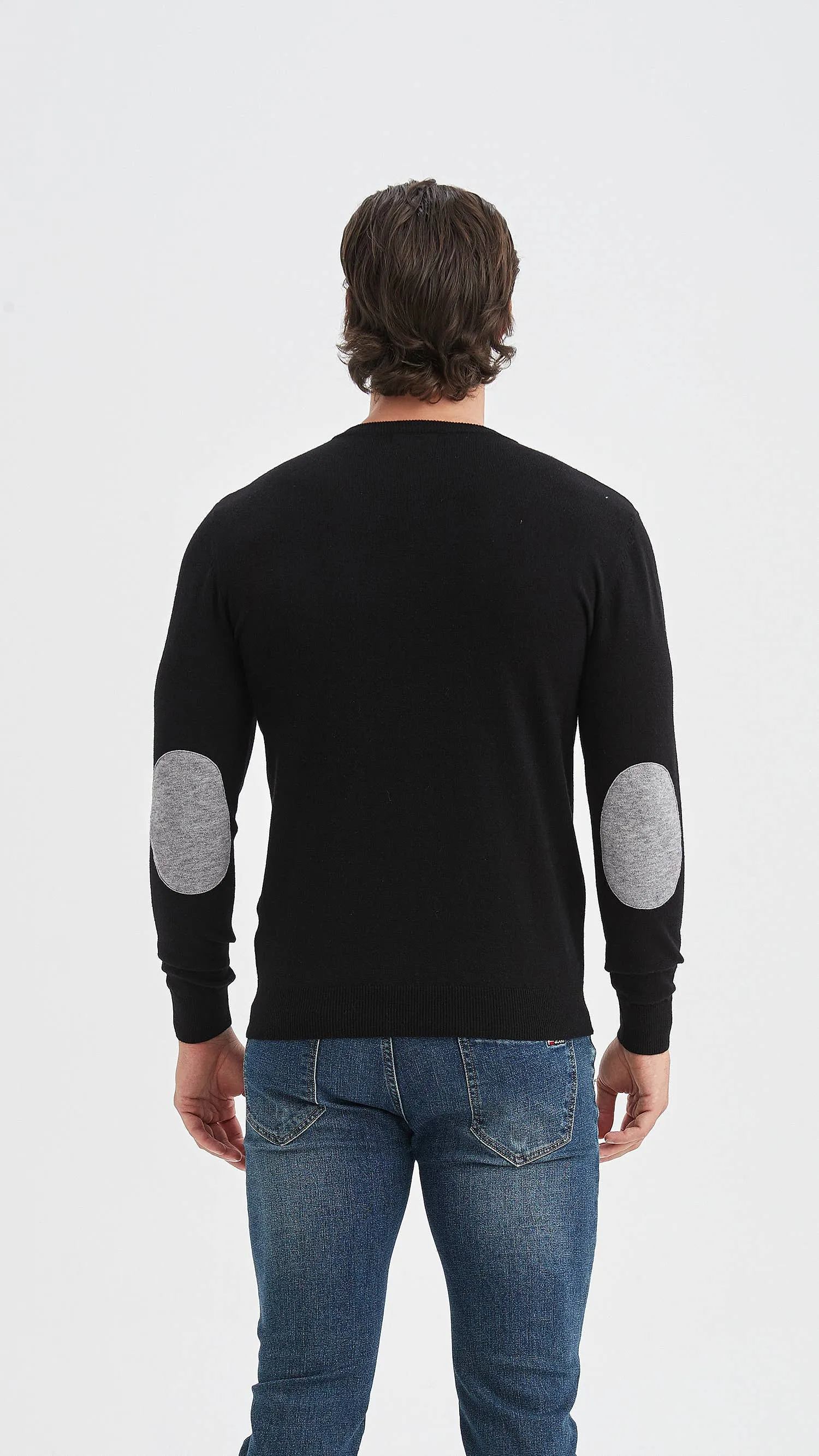 Black V-neck sweater with elbow pads