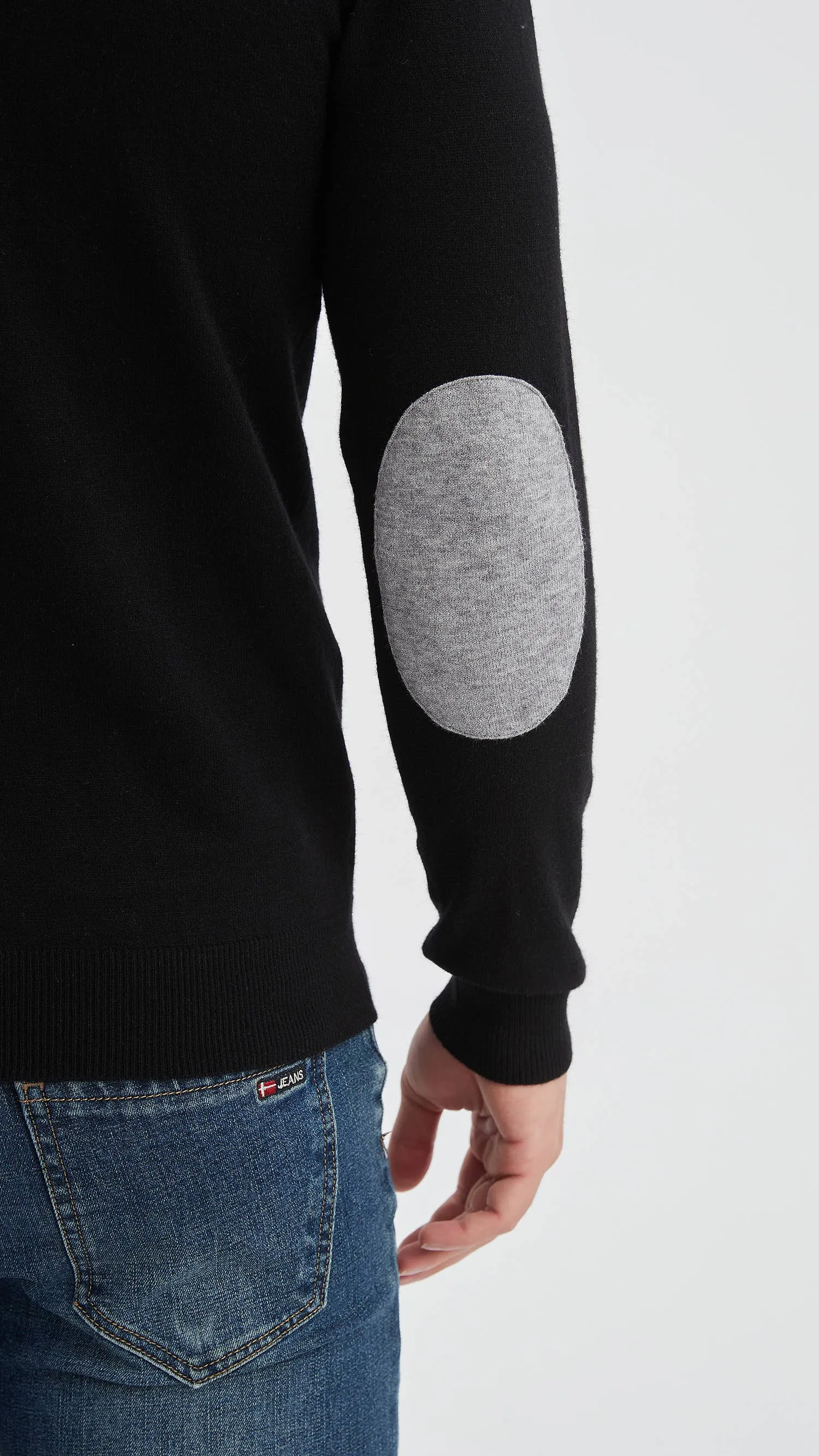 Black V-neck sweater with elbow pads