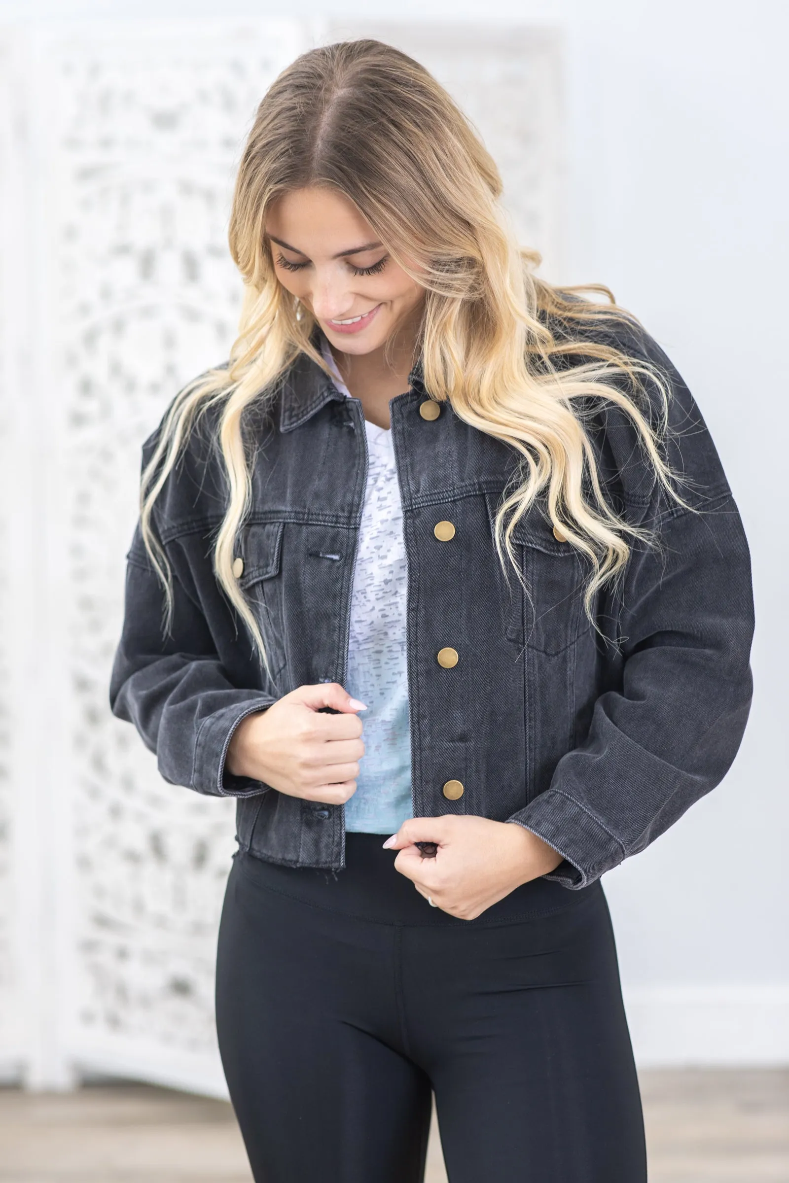 Black Washed Raw and Ribbed Crop Denim Jacket