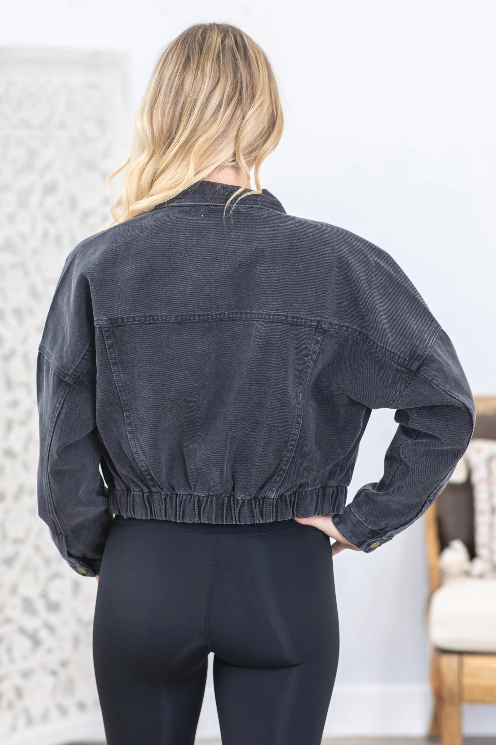 Black Washed Raw and Ribbed Crop Denim Jacket