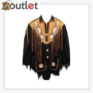 Black Western Mens Cowboy Long Fringed Suede Leather Jacket
