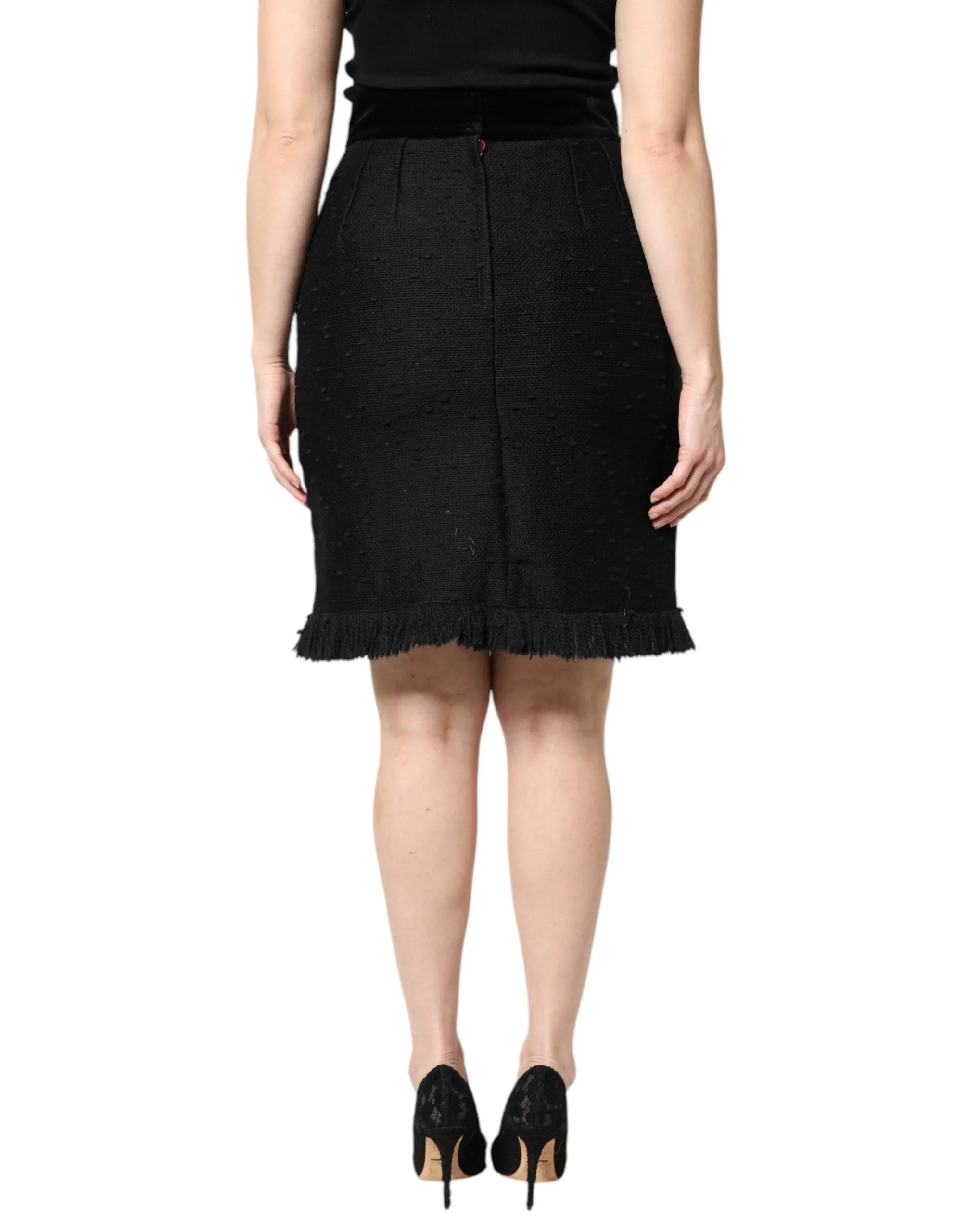 Black Wool Fringe High Waist Pencil Mini Skirt
