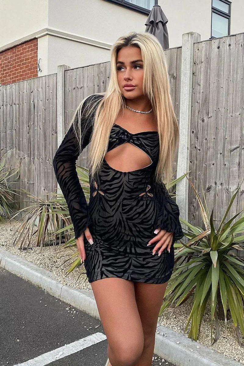 Black Zebra Flock Print Cutout  Mini Dress - Scarlett