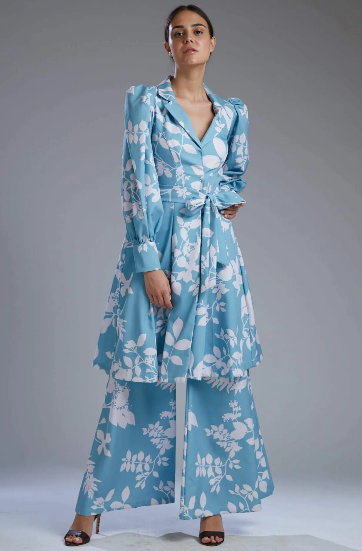 Blue & White Floral Pants With Shirt