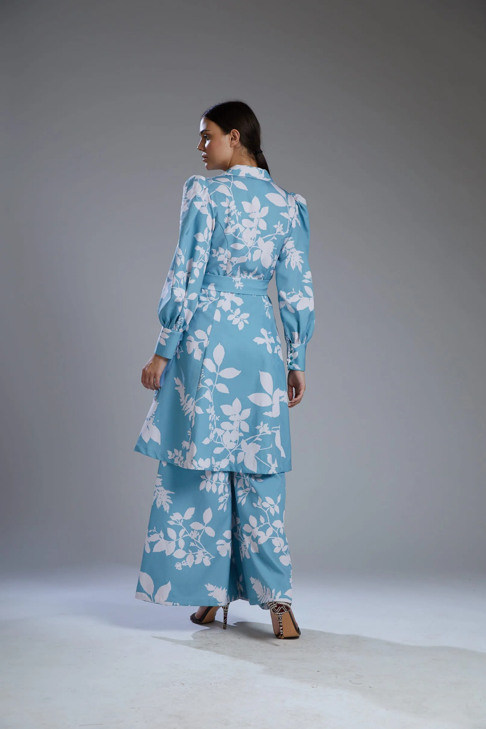 Blue & White Floral Pants With Shirt