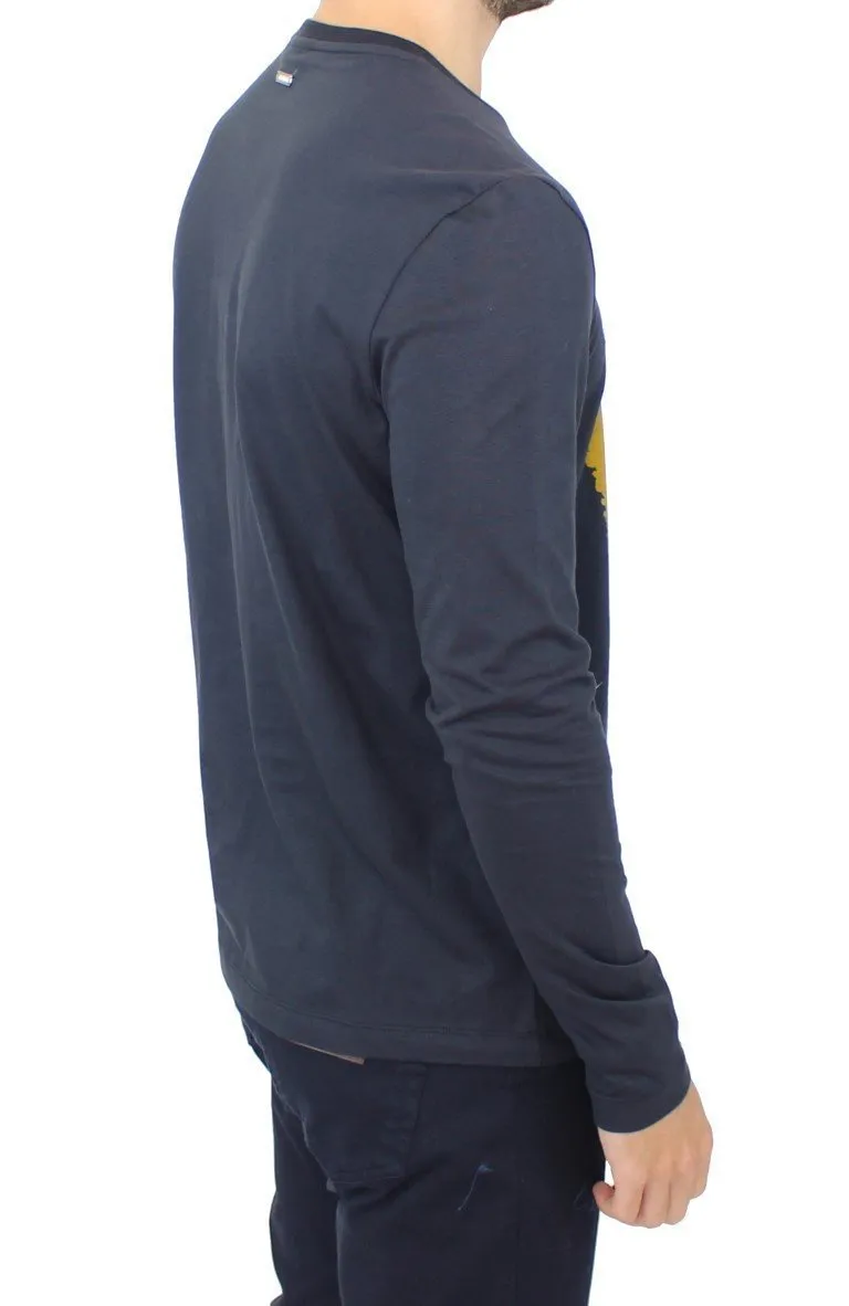 Blue Cotton Crewneck Print Pullover Sweater