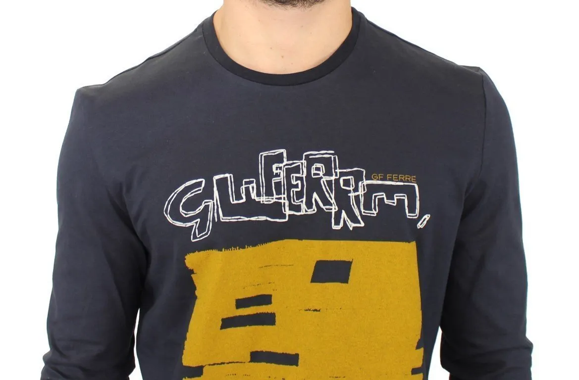 Blue Cotton Crewneck Print Pullover Sweater