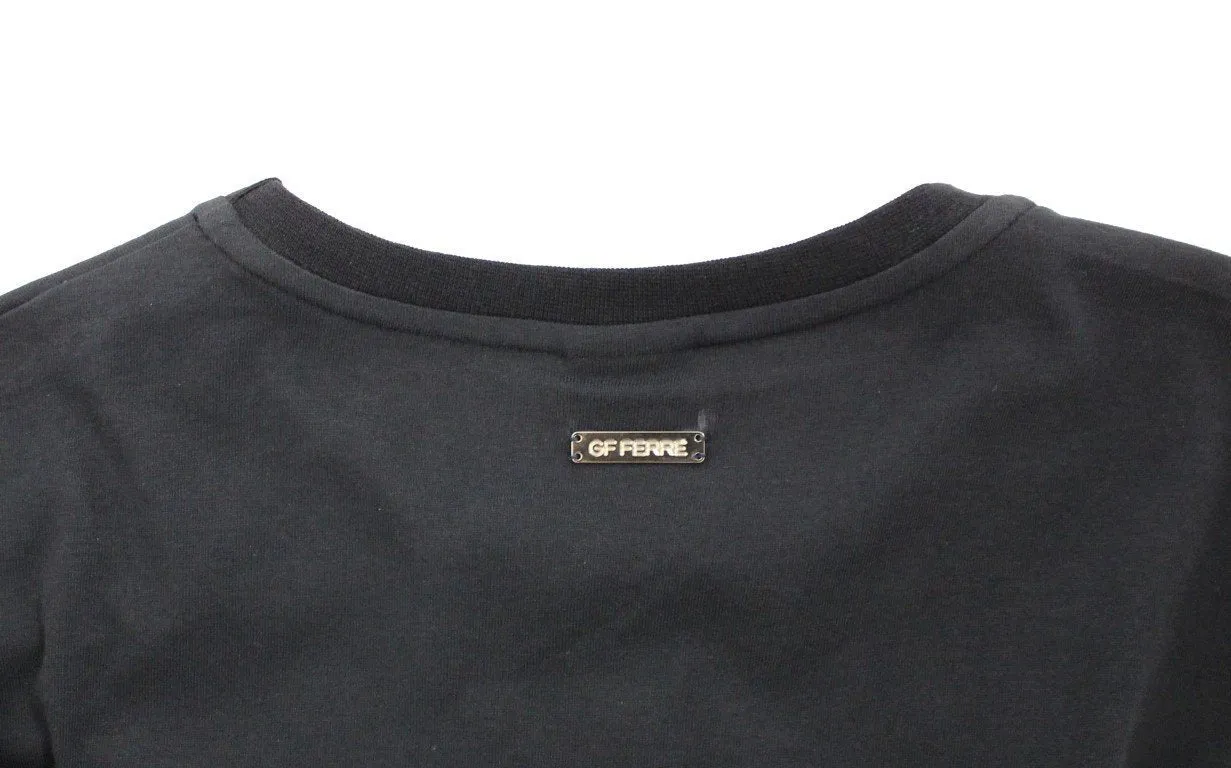 Blue Cotton Crewneck Print Pullover Sweater