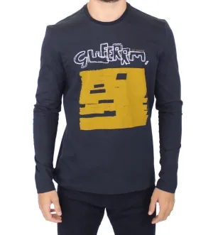 Blue Cotton Crewneck Print Pullover Sweater