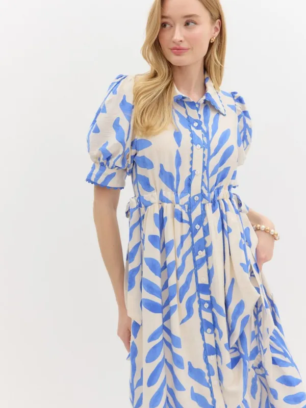 Blue   Cream Floral Midi Dress