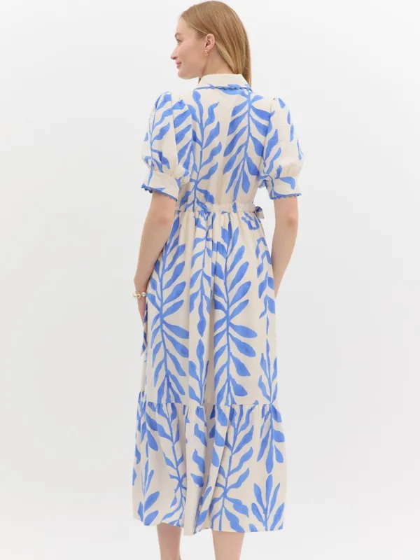 Blue   Cream Floral Midi Dress