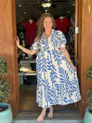 Blue   Cream Floral Midi Dress