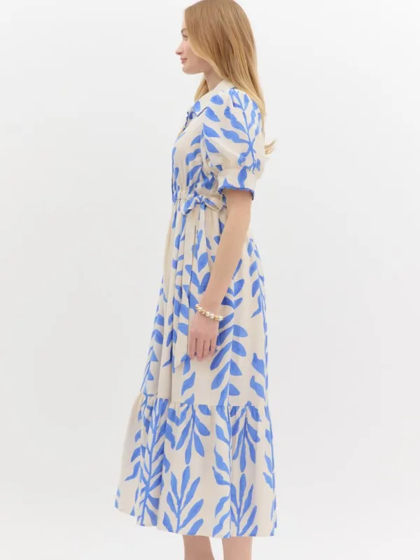 Blue   Cream Floral Midi Dress