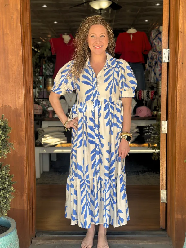 Blue   Cream Floral Midi Dress