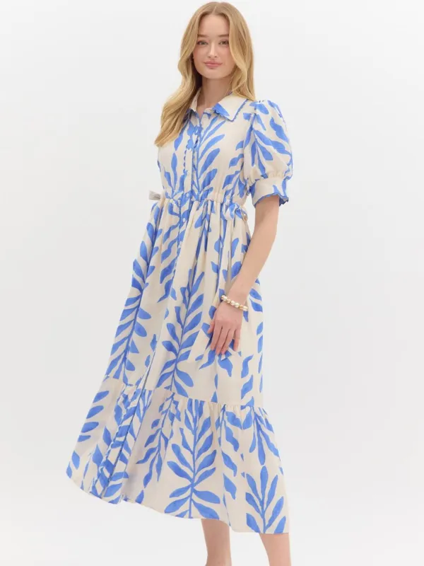 Blue   Cream Floral Midi Dress