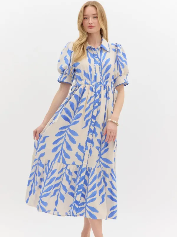 Blue   Cream Floral Midi Dress