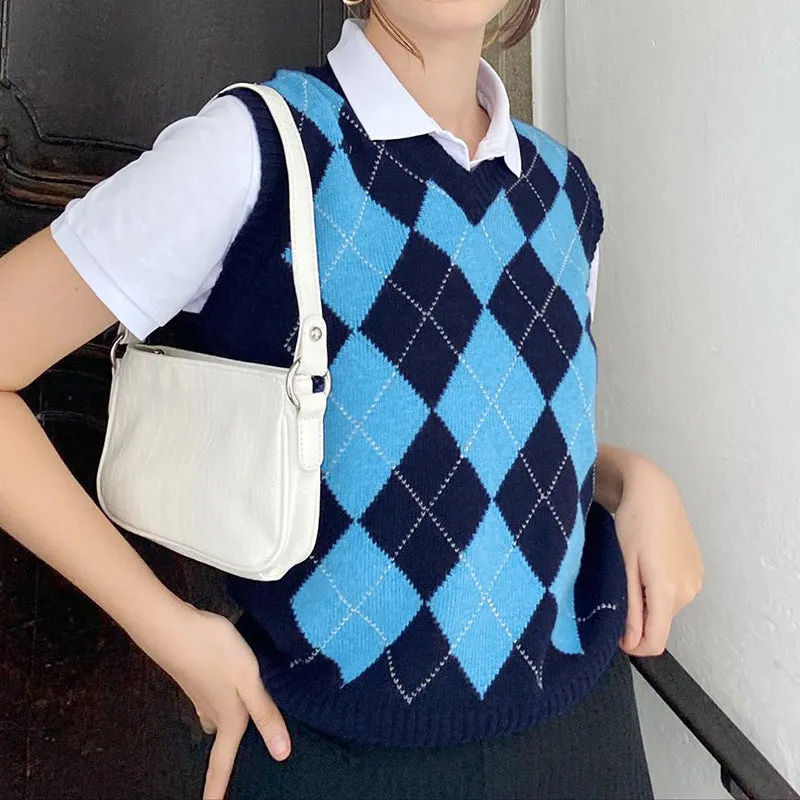 Blue Lattice V-neck Knitting Vest Sweater