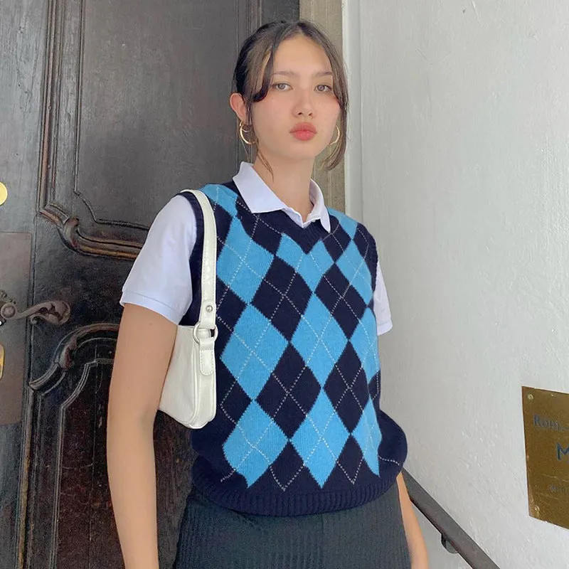 Blue Lattice V-neck Knitting Vest Sweater