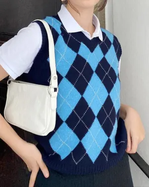 Blue Lattice V-neck Knitting Vest Sweater